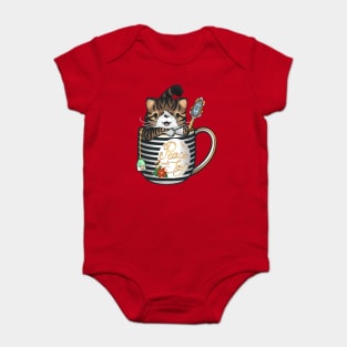 “Peace and Joy” Spice the tabby cat in a teacup keeping warm for the holidays Baby Bodysuit